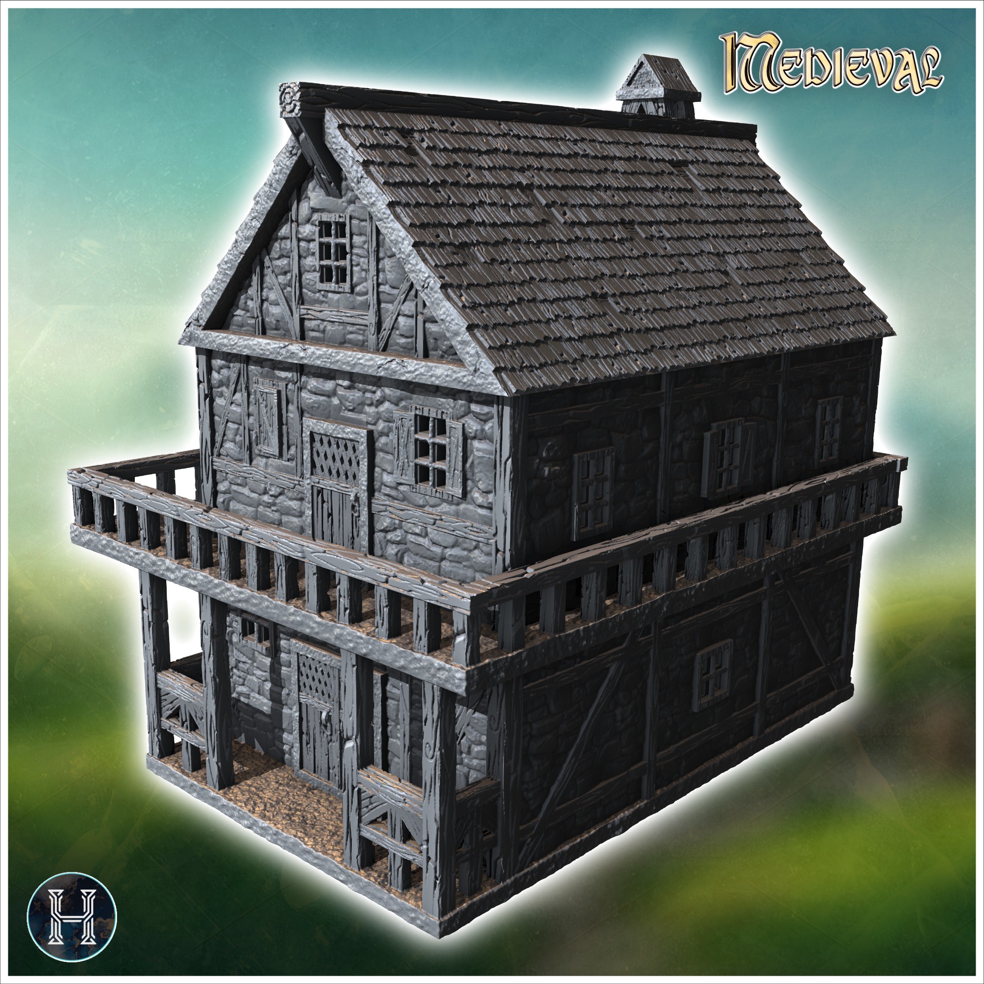 Stone house with visible wooden beams, small windows, and a triangular roof with a chimney (31) - Medieval Gothic Feudal Old Archaic Saga 28mm 15mm RPG
